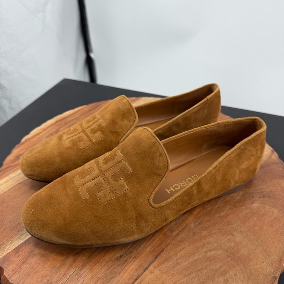 TORY BURCH Ruby Smoking Slippers cognac tan suede sz 8 flats - Picture 4 of 8